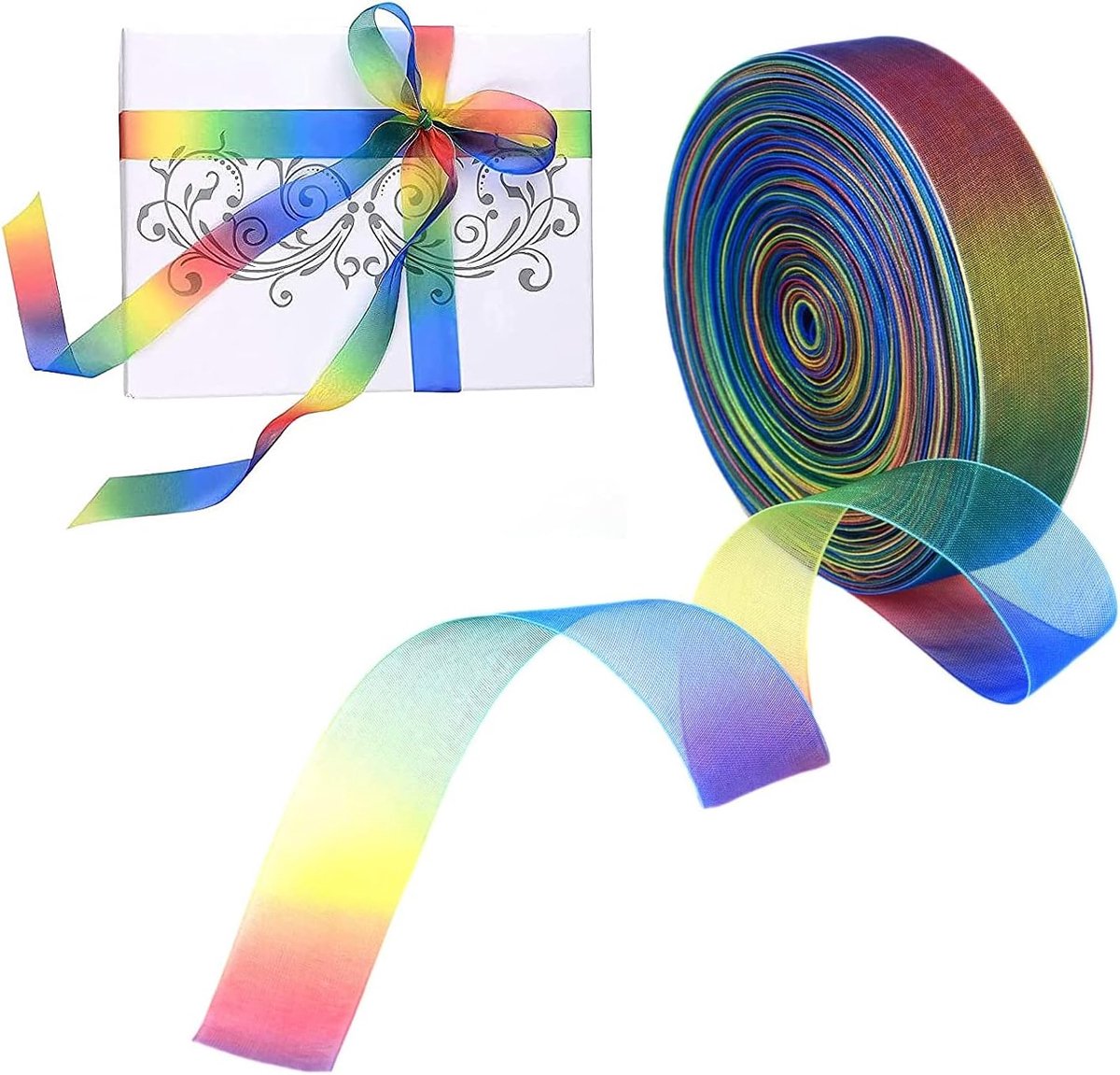 Linten, regenboog, geschenklint, gradient kleuren, glanzend, organza hemel kleuren, lint voor haarvlechten, decoratie, geschenkverpakking, doe-het-zelf, bruiloftsdecoratie, 2,5 cm