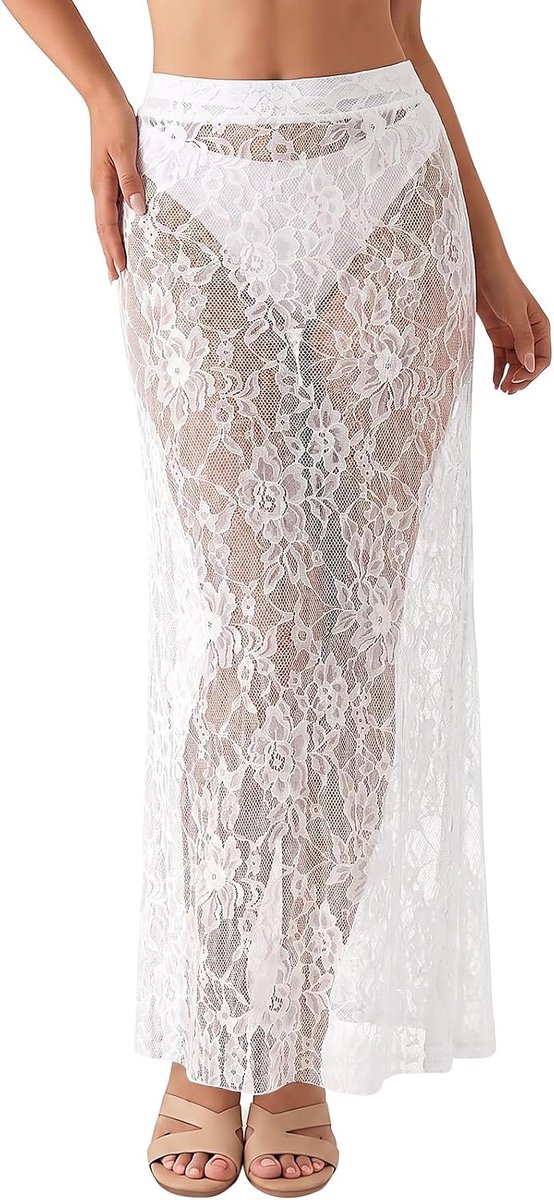 Maxirok voor dames, kant, hoge taille, rechte lange rok, bloemen, geborduurd, transparant, kant, elastische taille, casual rokken, strand, zomervakantie, ongevoerd