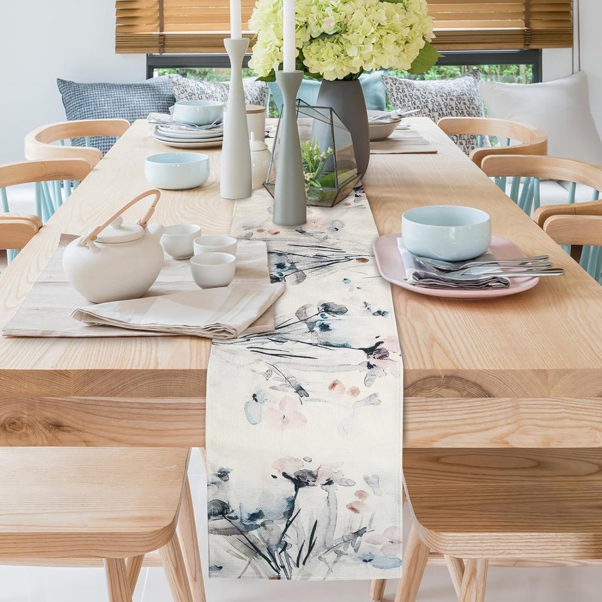 Tafelloper Lente, modern, boho, kleurrijk, tafeldecoratie eettafel, vintage tafelloper, afwasbaar, tafelkleed, bloemen, decoratie, beige crème, inktpatroon voor eettafel, 33 x 183 cm