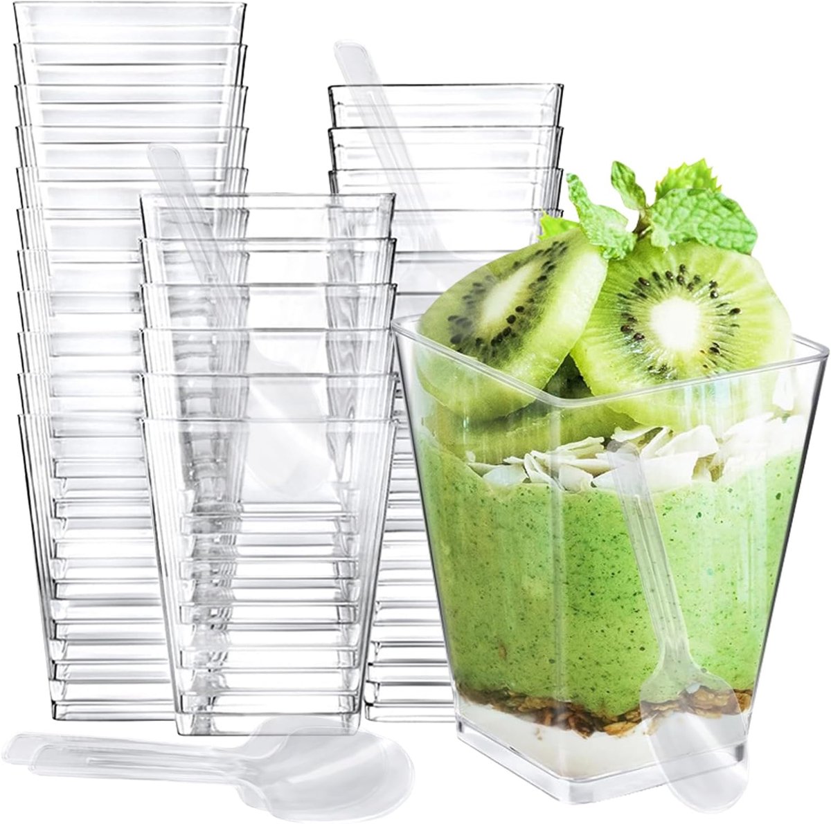 50 dessertbekers met lepels, 150 ml, transparant, herbruikbaar, vierkant, voor familiedesserts, pudding, mousses en ijsfeesten, dessertbekers (transparant 3)