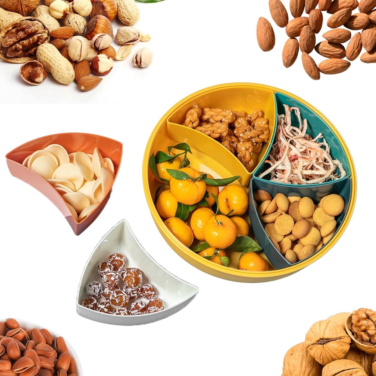 Snackdienblad, snackbox met 5 vakken, snackschaal met deksel, snackschalen, set, snackbox, opbergdoos met deksel, snackdoos, organizer voor snoep, groenten, fruit en noten