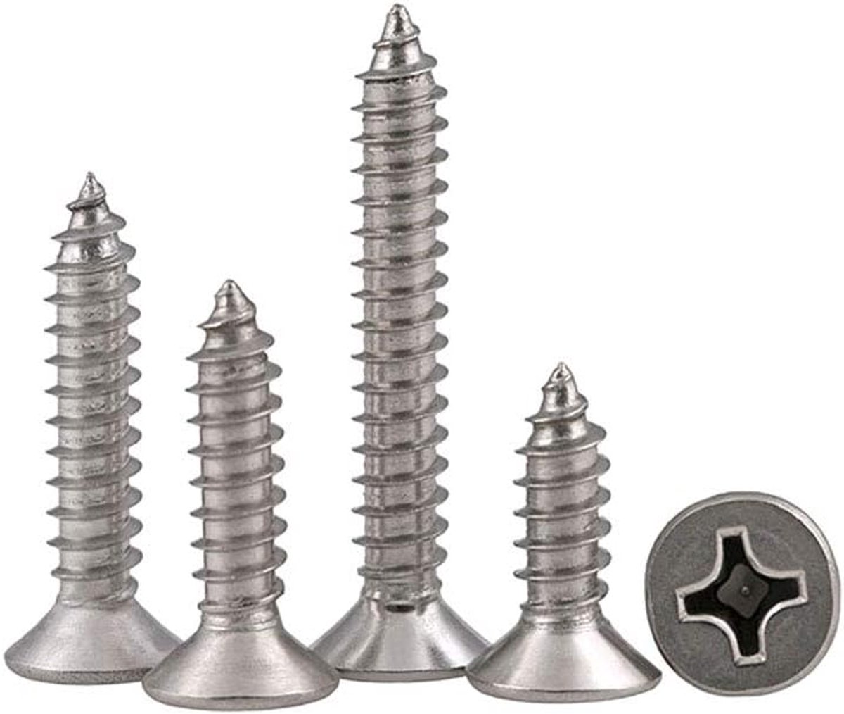 200 stuks roestvrijstalen zelftappende schroeven - Phillips platte kop doe-het-zelf houtbewerkingsschroeven (100 stuks M4 x 10 mm, 100 stuks M4 x 12 mm)