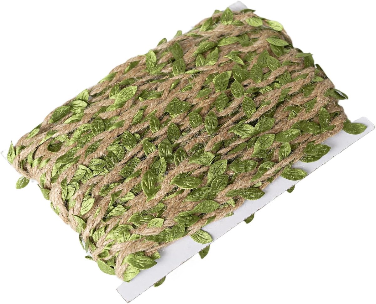 jute koord met bladeren, 20 m jute band met kunstmatige bladeren, jute koord voor doe-het-zelf knutselwerk, bloemisterij, thuis, tuinkunstwerken en kunsthandwerk (groen-1)