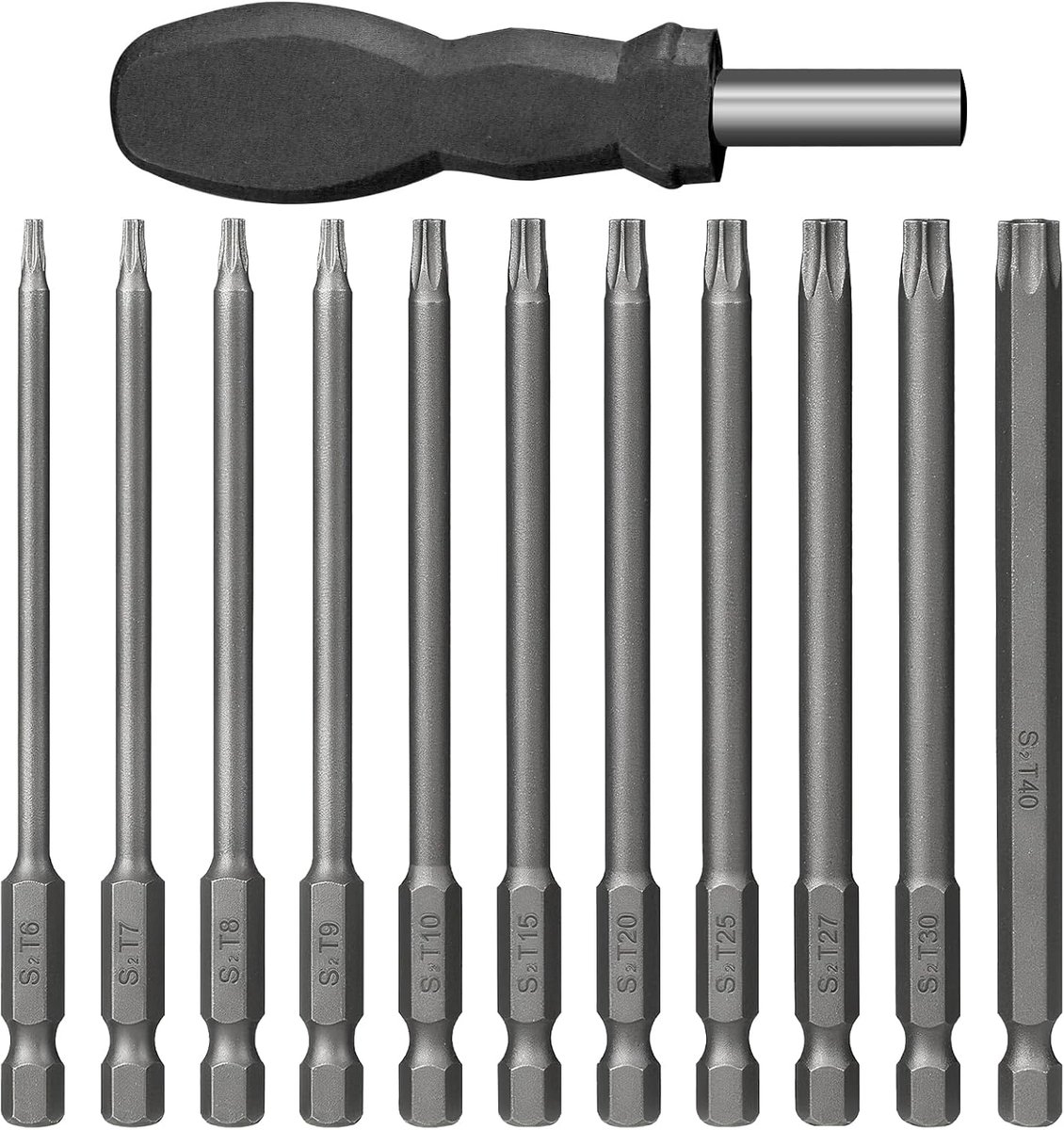 Bitset 12 Stuks T6-T40 100mm Magnetisch met Handgreep | Lange 1/4 inch torx schroevendraaierbits voor boormachine, accuschroevendraaier, meubels, auto en reparatie