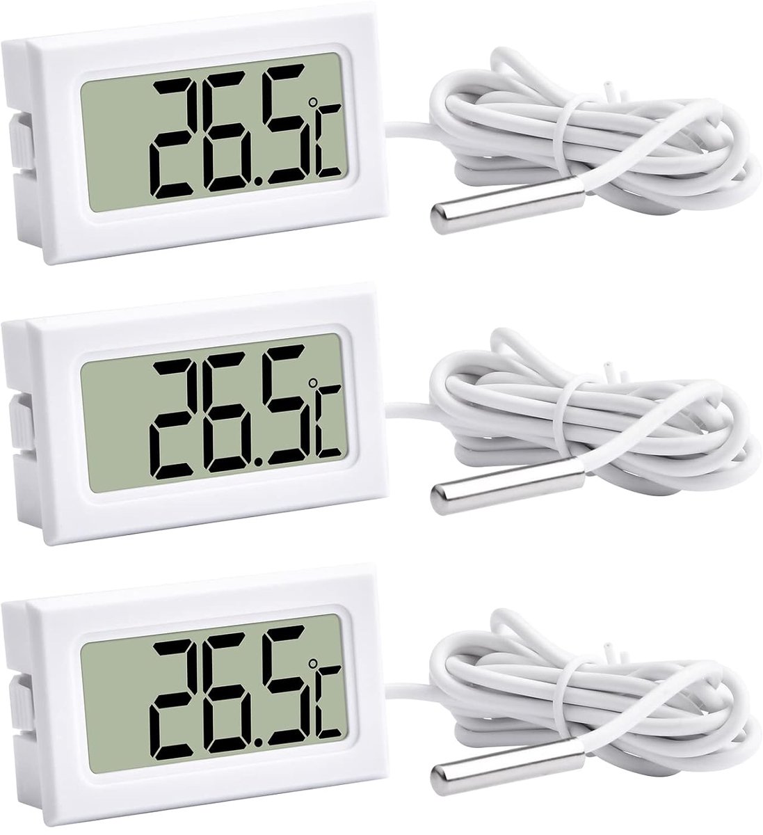 lcd-thermometer, 3 stuks, -50 °C ~ +110 °C, temperatuurmonitor met 1 m NTC-sonde, voor koelkast, koelkast, aquarium (wit)