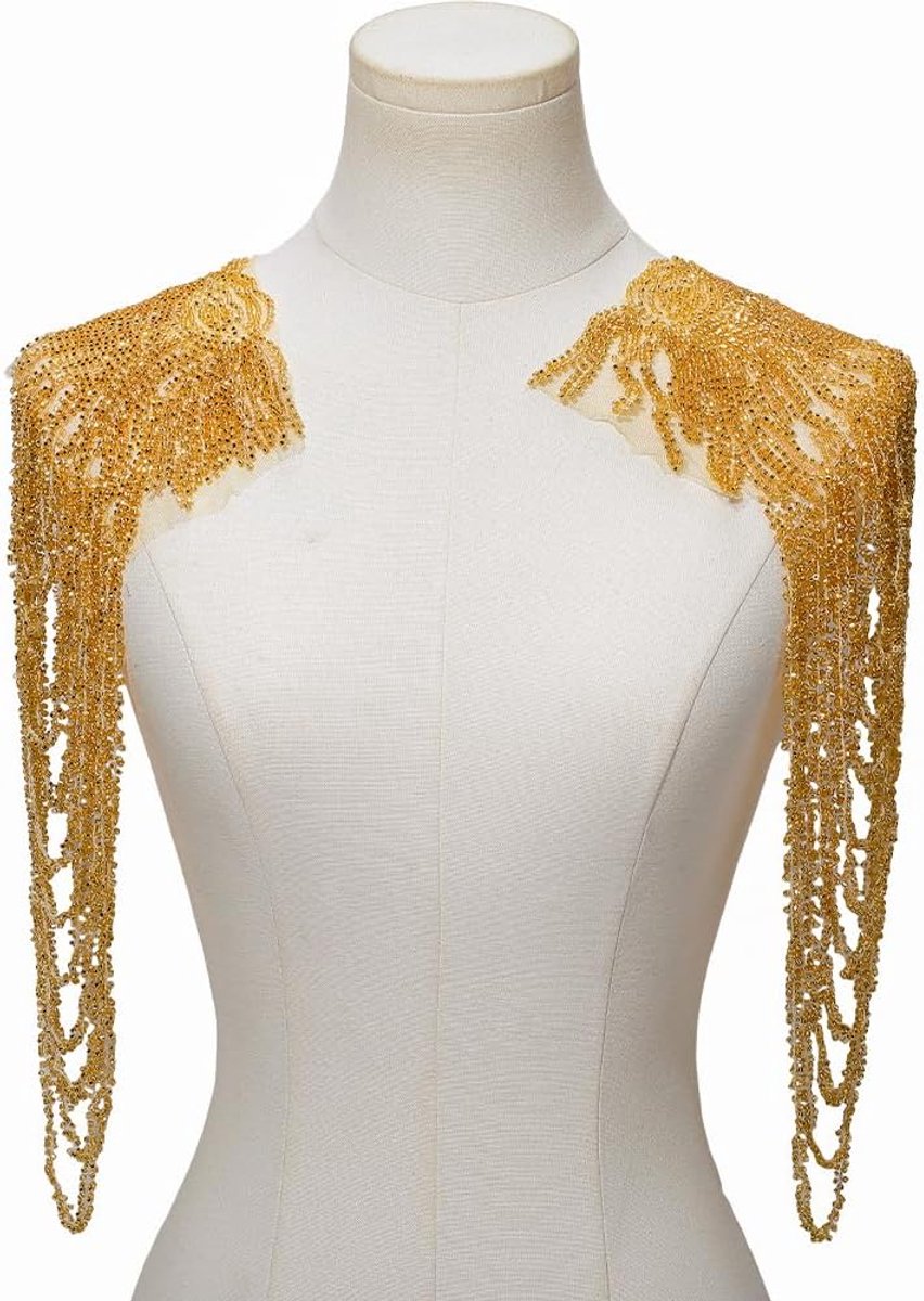 2 STKS Schouder Kwasten Pailletten Kralen Ketting Applique Glanzende Franje Epaulette Goud Kant Decoratieve Stitch Sparkle Vintage Retro Gouden Patches Voor Naaien Maken Jurk Kleding Diy