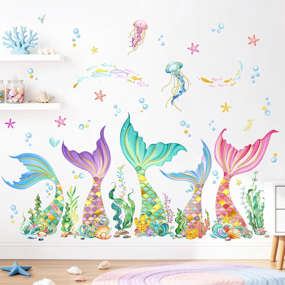 Muursticker Zeemeermin Staart Muursticker Onder de Zee Oceaan Vis Muursticker Kinderkamer Babykamer Badkamer Wanddecoratie