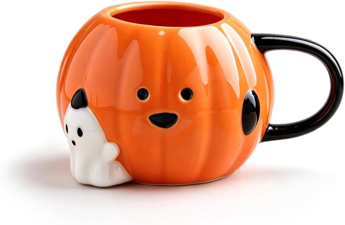 Keramische koffiemok met pompoenmotief, 500 ml, schattige 3D-geest-Halloween-koffiemok, keramische mok voor warme chocolade en thee, cadeau voor Halloween en Thanksgiving