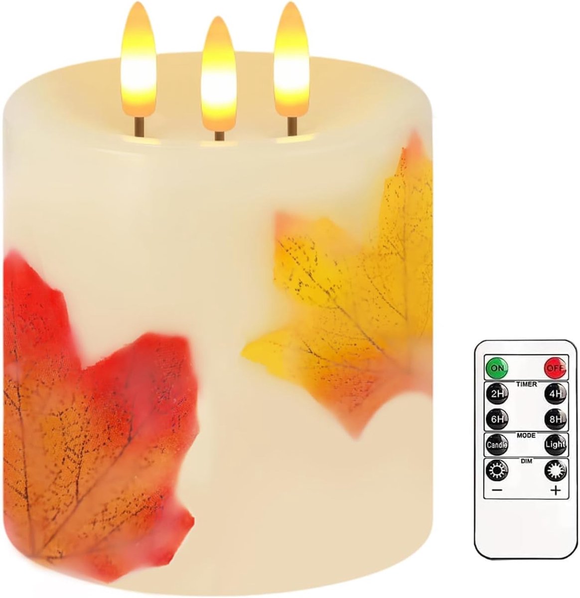 Vlamloze ledkaarsen, grote 3 lonten, ledkaarsen met afstandsbediening en timer, echte was, op batterijen werkende kolomkaarsen voor de herfst, Halloween, Thanksgiving decoratie (esdoornblad)