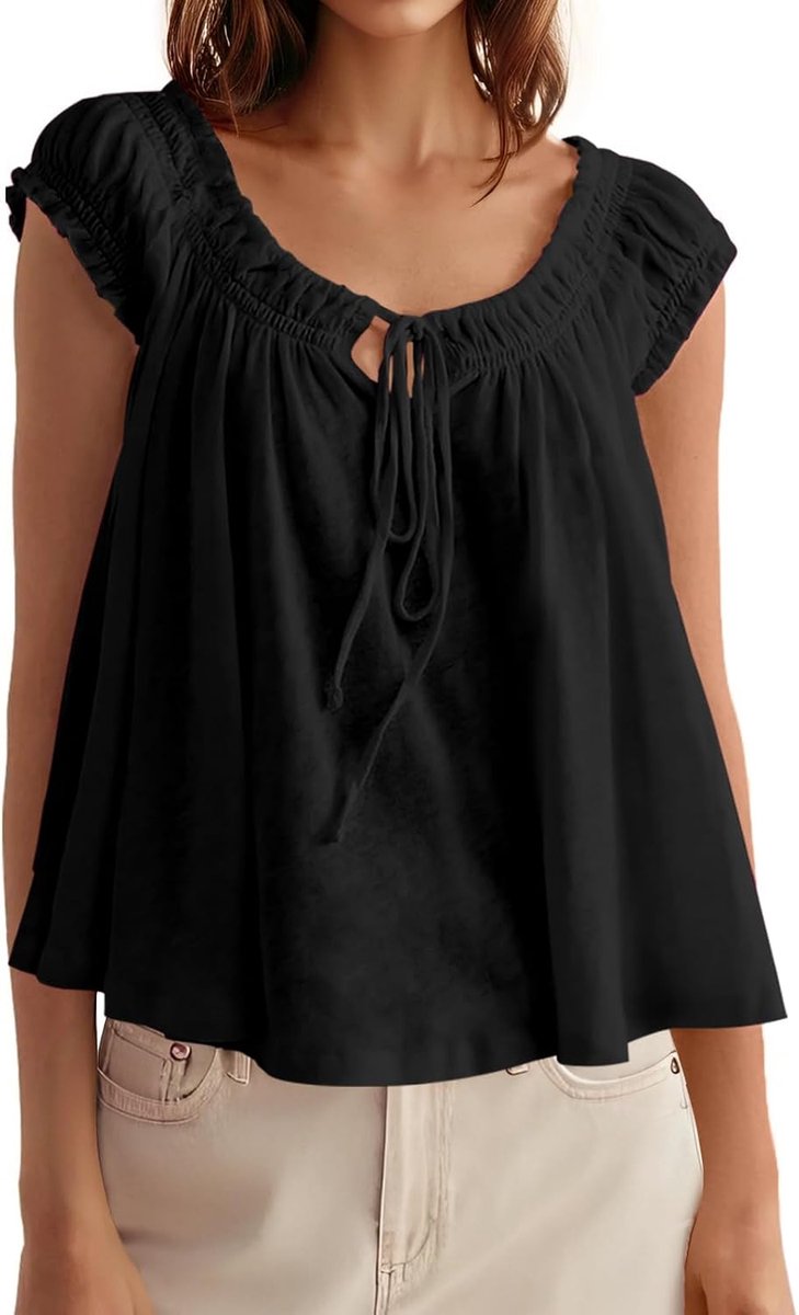 Tankaneo Dames babydoll plissé tank tops met vetersluiting cap mouw casual T-shirts zomer losse tees