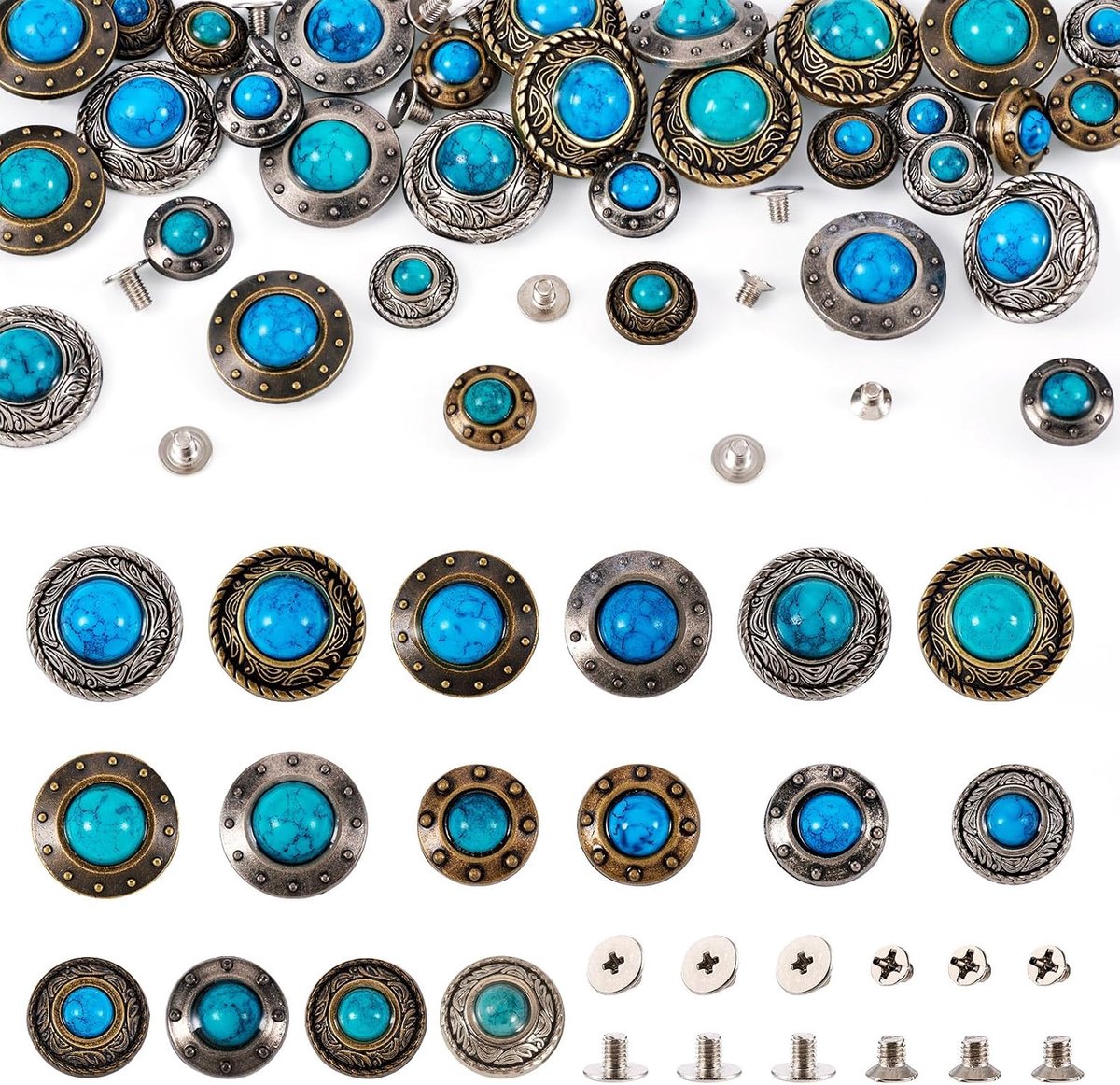 32 Stuks Platte Ronde Legering Munt Schroefruggen met Imitatie Turkoois Vintage Metalen Gesp Half Ronde Legering Knoppen 12-20mm voor Kleding Tas Schoenen Leer Handwerk