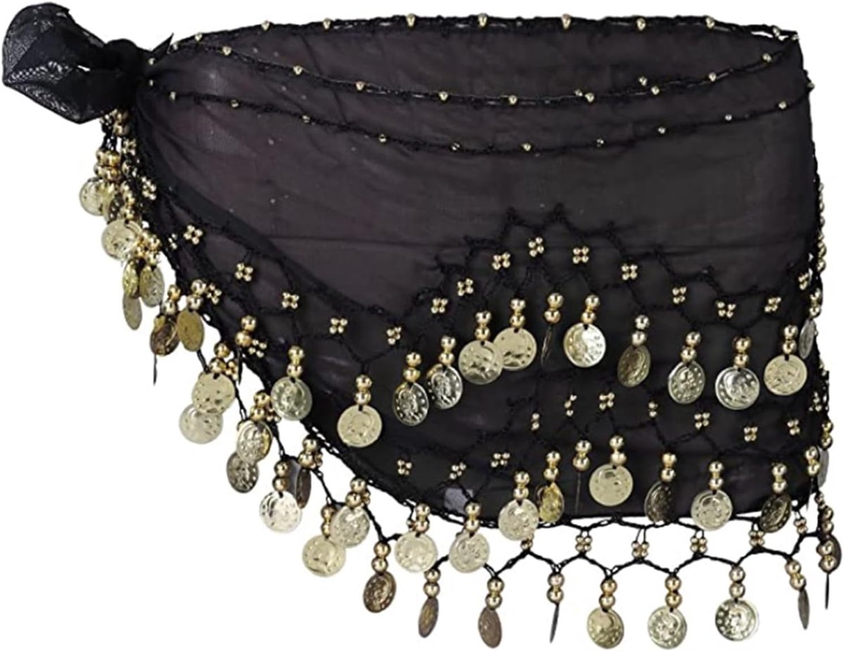 Buikdansriem voor dames, chiffon heupdoek, dansdoek met munten voor buikdansen (zwart), zwart, L