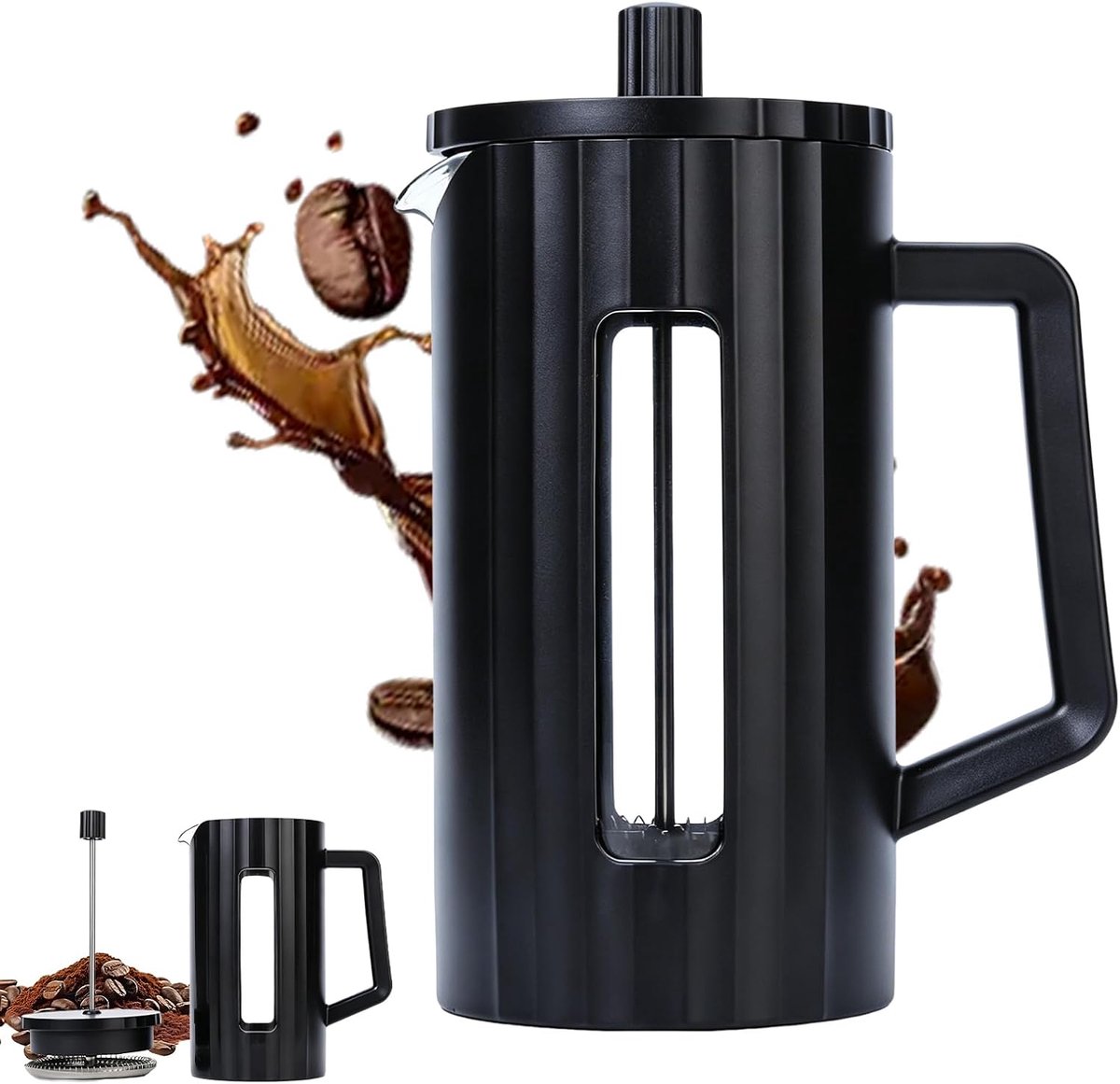 Press Koffiepers, 1000 ml, koffiezetapparaat van hittebestendig glas met roestvrijstalen filter, BPA-vrij, vaatwasmachinebestendig, ideaal voor koude brouw- en warme dranken, zwart