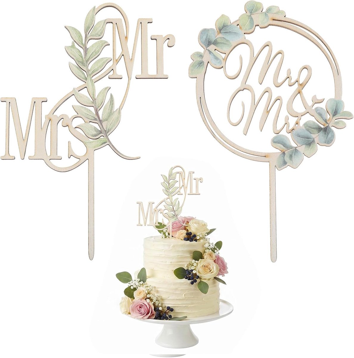 2 stuks taarttoppers bruiloft, Mr & Mrs taarttopper van rustiek hout, bruiloftstaarttoppers, taartdecoratie voor bruiloft, verlovingsfeest, jubileumfeest, decoratie, saliegroen (A)