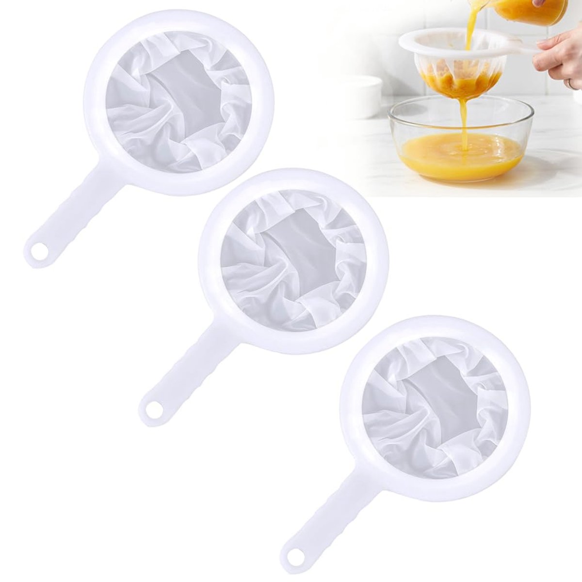 3 stuks zeef voor trechter 15 cm, keukenzeef van nylon met hoge dichtheid 100/200/400 mesh, fijne kunststof zeef met handvat voor het filteren van olie, koffie, wijn en sappen, wit