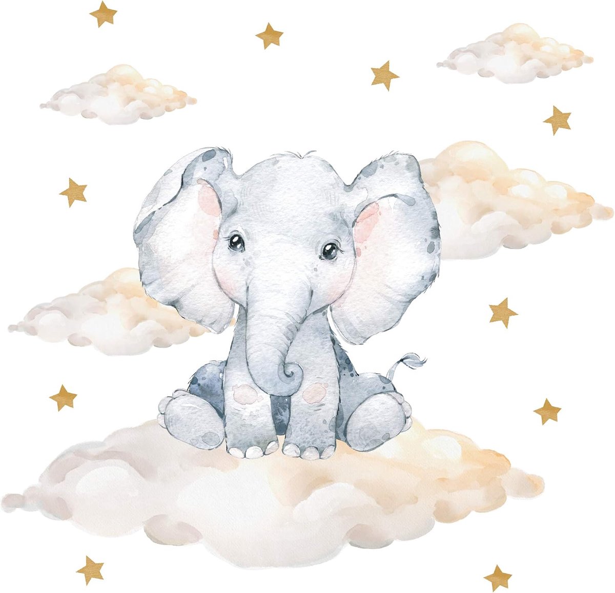 Kinderkamer Deco Muursticker Olifant Met Wolken Sterren - Baby Safari Dieren Voor Jongen Meisje (M, Olifant)