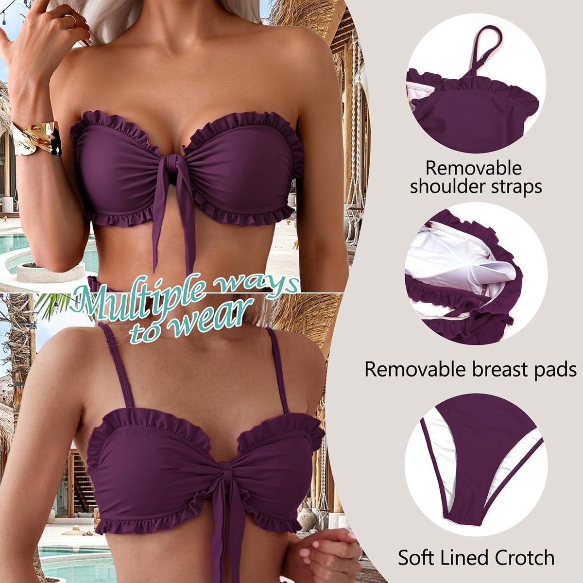 Bikiniset voor dames, met verstelbare bandjes, V-hals, volants, vlinderknopen, badmode, tweedelig badpak