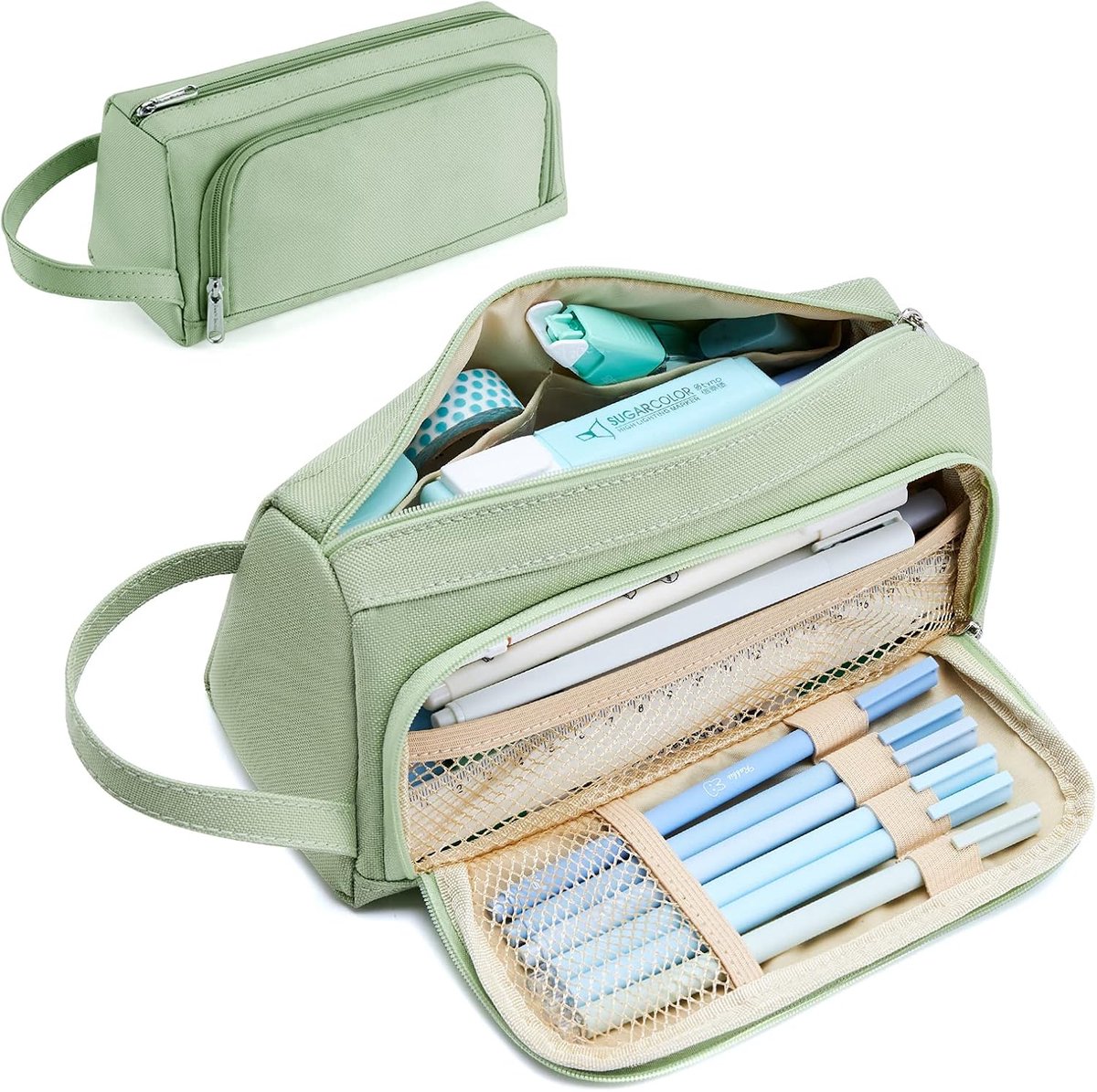 Pennenetui, 2 vakken, extra groot, voor school, esthetisch, voor meisjes en jongens, groen, cosmeticatasje