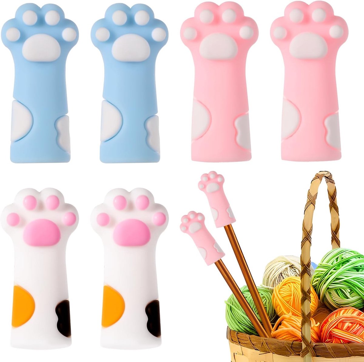 6st Kattenpoot Breinaaldstoppers, Siliconen Breinaaldpuntbeschermers Stekenstoppers Naaldtiphoezen Breiaccessoires voor Naalden van Maat 11-17 (8mm-12,75mm), (Wit, Roze, Blauw)