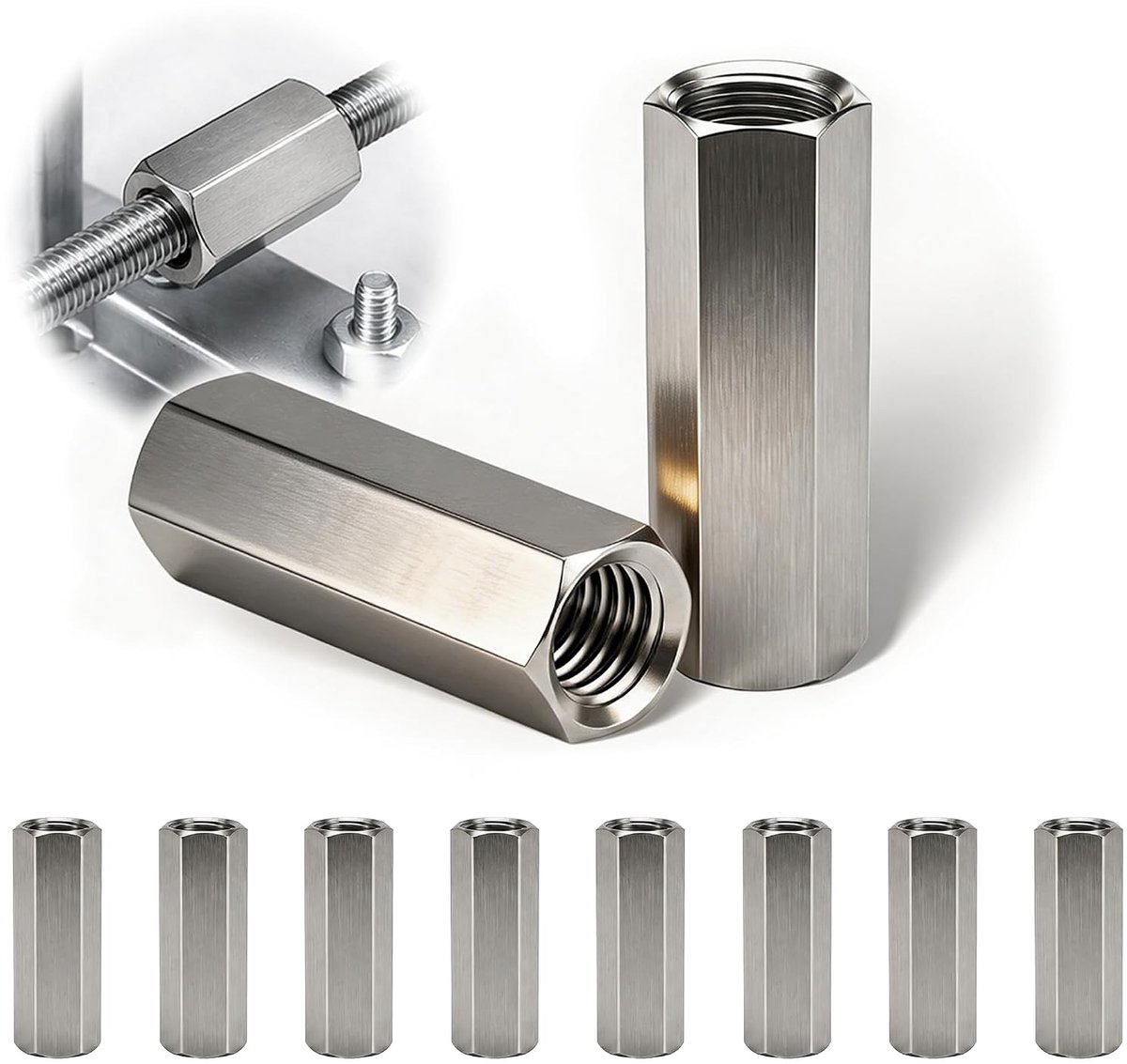 10 Stuks Lange Zeskantmoer M10x40 mm,Roestvrij Staal Verbindingsmoeren,Schroefdraadhulzen,Koppelingsmoeren,Afstandsmoer,Verlengmoer voor Binnendraad,Bevestigingen voor Huishoudelijke,Kantoorapparaten