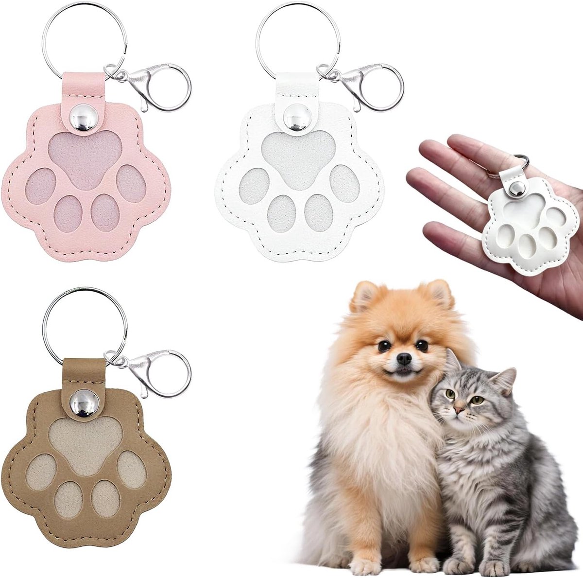 Set van 3 leren sleutelhangers in pootvorm, herinnering voor honden- en kattenhaar, gedenkcadeau voor huisdiereigenaren (Donkerbruin, Roze, Wit)