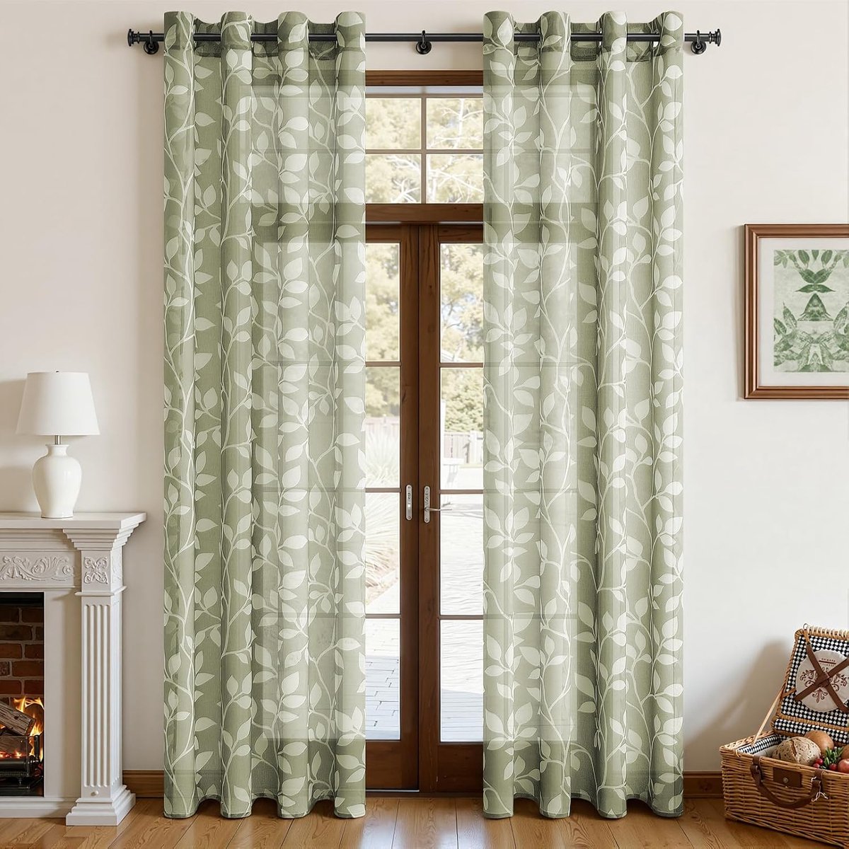 Gordijnen Kinderkamer Voile Gordijnen met Ogen Transparant Moderne Gordijnen Set van 2 225 cm Hoogte 140 cm Breedte, Gordijn Grijsgroene Gordijnen met Witte Bladprint Patroon voor Raam Modern