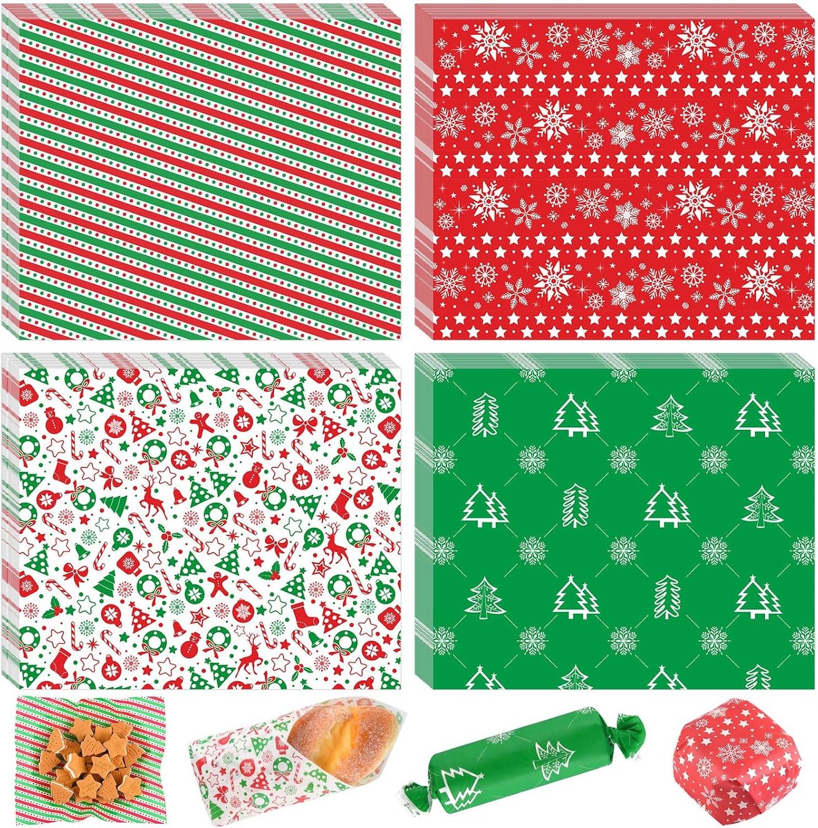 100 Stuks Kerst Voedsel Mand Liners Wax Papier Voor Voedsel Sandwich Inpakpapier Deli Vellen Kerstboom Sneeuwvlokken Snoep Koekjes Wraps voor Thuis Keuken Xmas Vakantie Party Decoraties