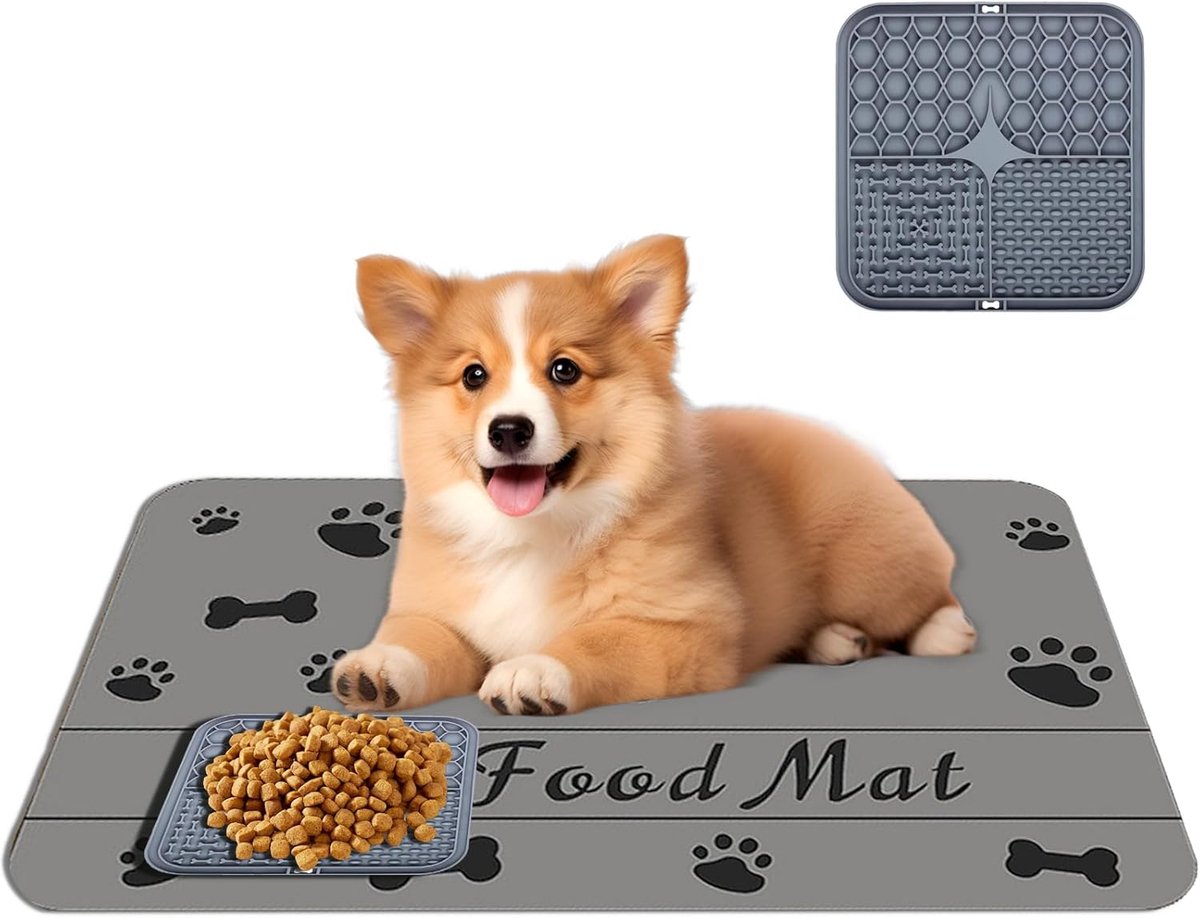 Voedingsmat voor huisdieren 30 x 50 cm en hondenlikmatset, absorberende voermatten voor honden en katten, geen vlekken houden vloeren schoon bevorderen gezond eten huisdierbenodigdheden grijs