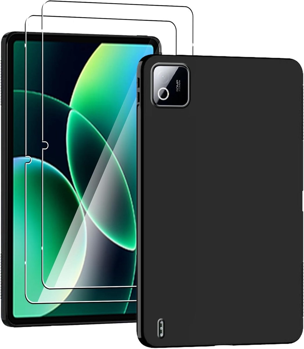 beschermhoes voor Xiaomi Pad 8/Pad 8 Pro (11,2 inch) + 2 stuks gehard glas, ultradunne siliconen, scrub van zachte TPU, krasbestendig, valbestendig, antislip, zwart