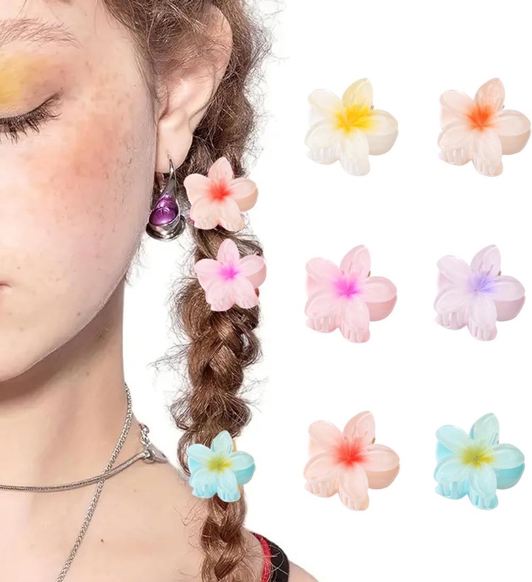 Haarspelden met bloem, frangipani-haarklemmen, 4 cm, haaraccessoires van acryl voor vrouwen en meisjes, zomerlook, 6 pastelkleuren.
