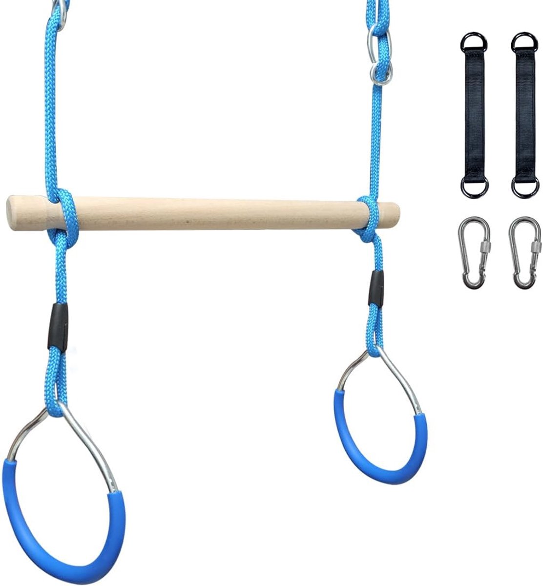 Trapeziumstang met turnringen, robuuste stalen constructie, accessoires voor hindernisparcours, ideaal voor binnen en buiten, geschikt vanaf 3 jaar