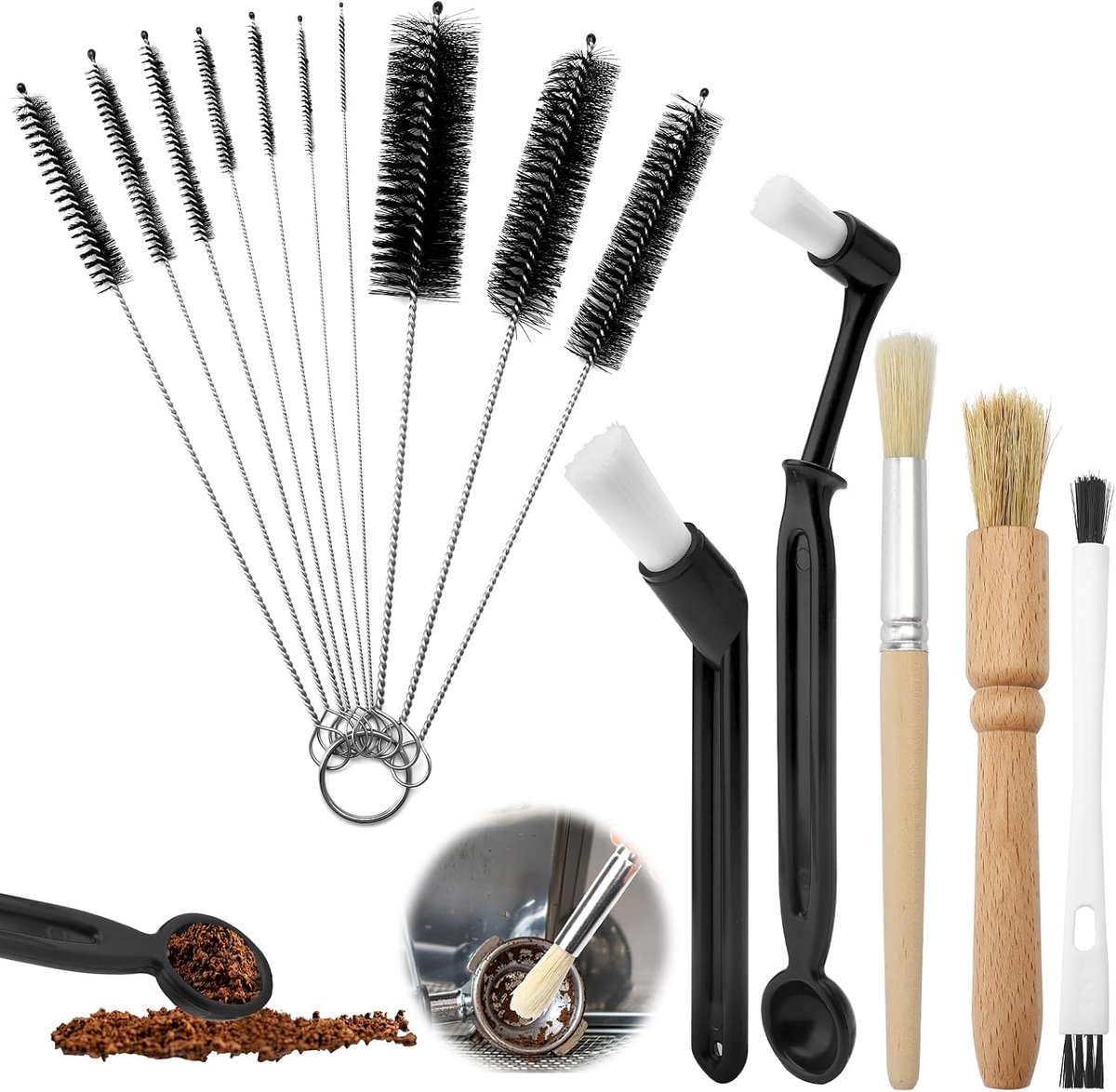 Borstels, koffiereinigingsborstel, espressomachine, reinigingsborstel, houten handvat, koffieborstel en klein rietje, borstel voor bonen, granen, koffiegereedschap