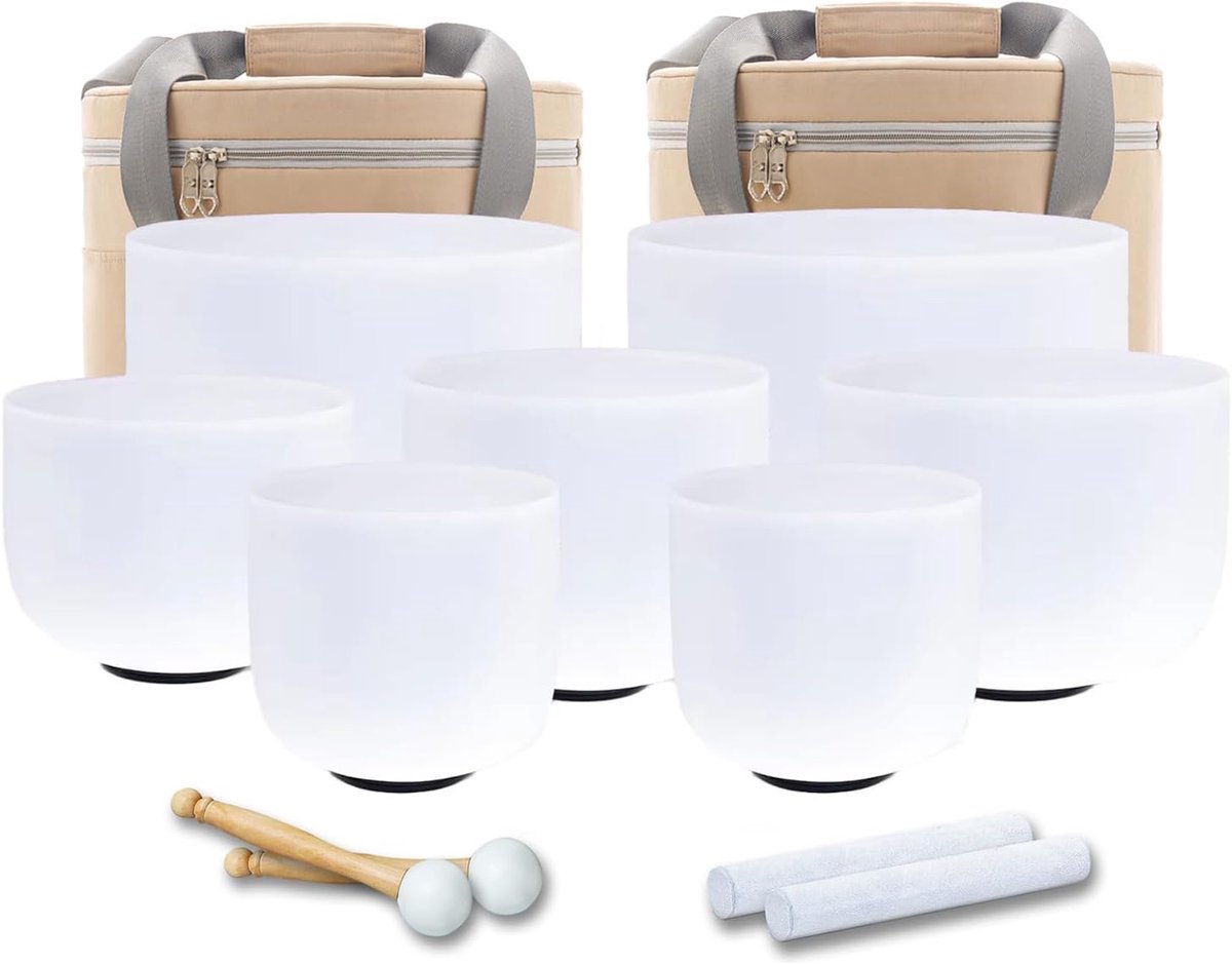 Klankschalenset, 432 Hz, perfecte pitch kwarts, kwarts, klankschalenset, 7 chakra's, kristal voor klankgenezing, ontspanning, stressvermindering, met 2 beige draagtassen