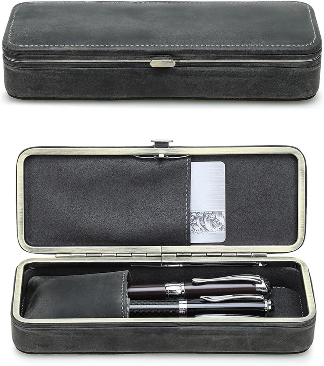 Lederen etui met 3 vulpennen, vintage pennenetui met drukknoopsluiting en kaartsleuf, handgemaakte multifunctionele organizer voor briefpapier voor man/vrouw/kantoor (grijs)