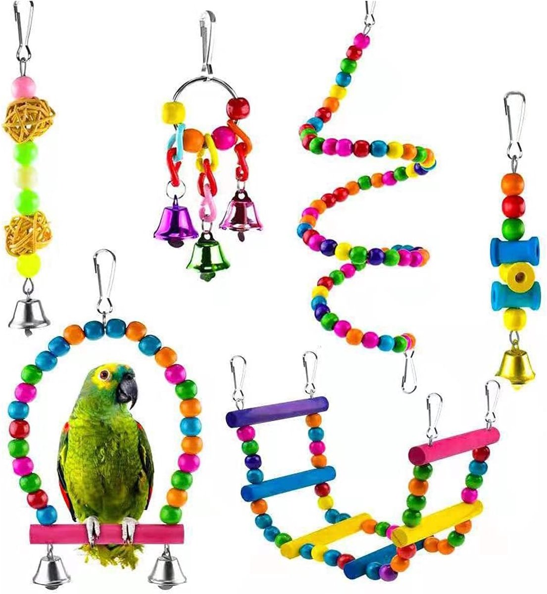 Speelgoed voor vogels, kauwspeelgoed, vogelspeelgoed, houten bel, haning, speelgoed, papegaai, kauwspeelgoed, kleurrijk, natuurlijk, veilig houten blok, schommel om op te kauwen, voor