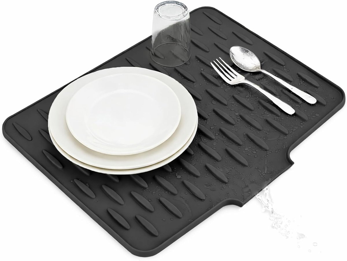 Afdruipmat met Afvoer Zwart 40 x 32 cm – Schuin Ontwerp voor Snelle Waterafvoer, Antislip Droogmat Aanrecht, Hittebestendige Afdruiprek Mat voor Keuken & Gootsteen