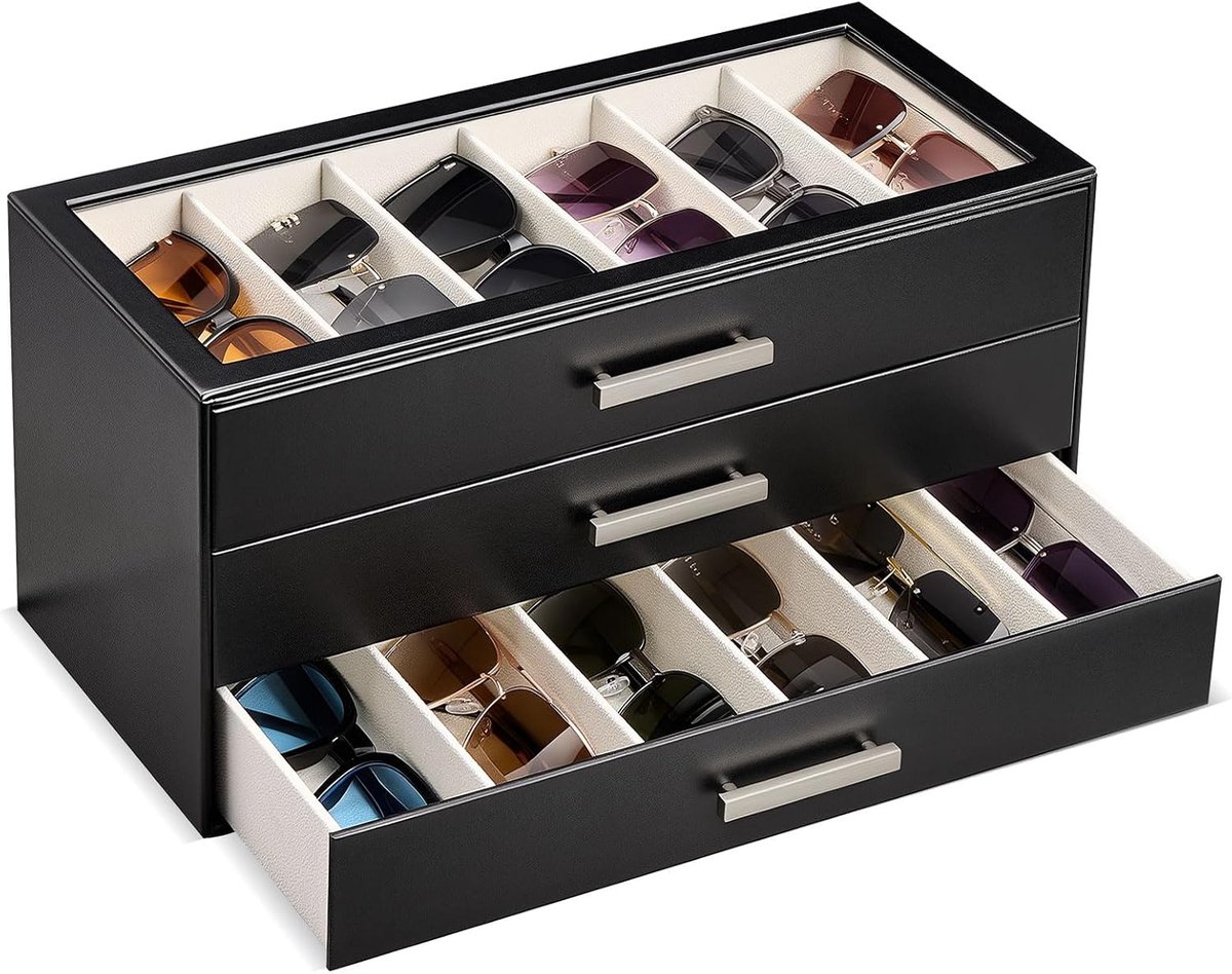 18 Slots Zonnebril Organizer Box, 3 Lagen PU Lederen Zonnebril Bril Houder met Clear Top Deksel Brillen Vitrine Meerdere Paren Glas voor Mannen Vrouwen -Zwart