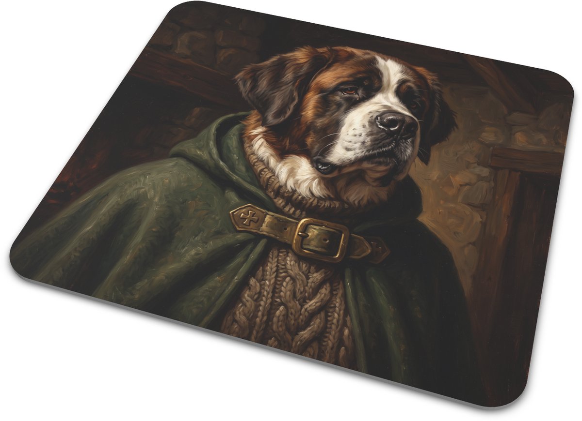 Prachtige rechthoekige muismat met portret van een Sint-Bernard (Canis lupus familiaris) als reddingsspecialist in verfijnde klassieke renaissancestijl unieke bureaudecoratie voor thuiswerkplek, kantoor en origineel cadeau