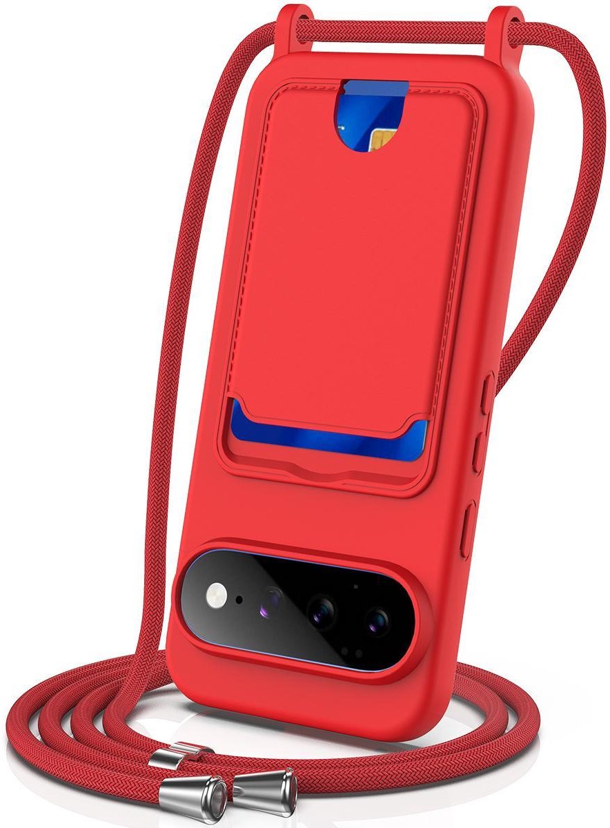 Mobigear Telefoonhoesje geschikt voor Google Pixel 11 Pro XL Siliconen met Kaarthouder | Mobigear Lanyard Card Hoesje met koord en Pasjeshouder | Kaarthouder voor 1 Pasje | hoesje met koord Telefoonhoesje voor Pinpas / OV Kaart / Rijbewijs - Rood