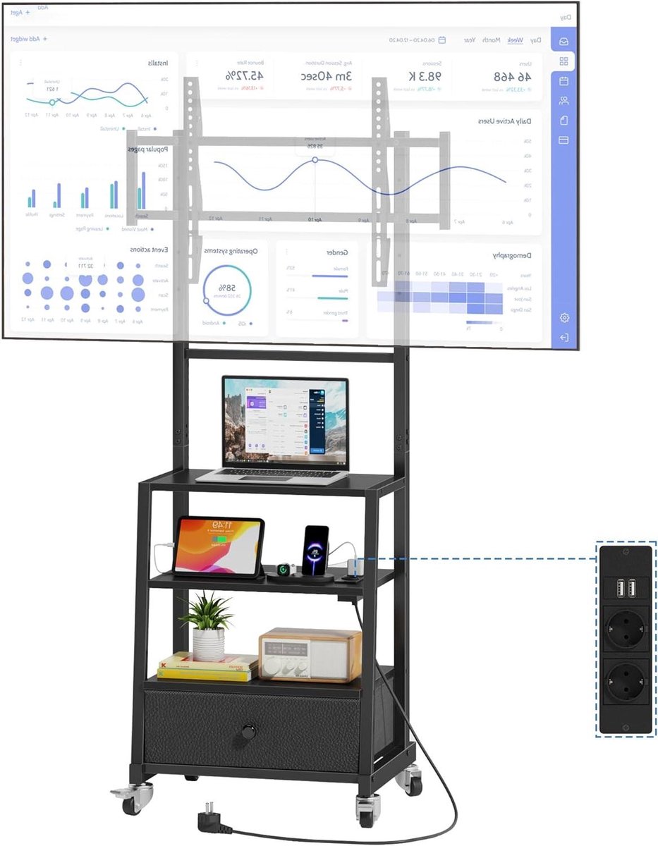 Verrijdbare TV Standaard - TV Meubel met Wielen - Flexibele TV Plaatsing - Ingebouwd Stopcontact - 32-75 Inch - Zwart