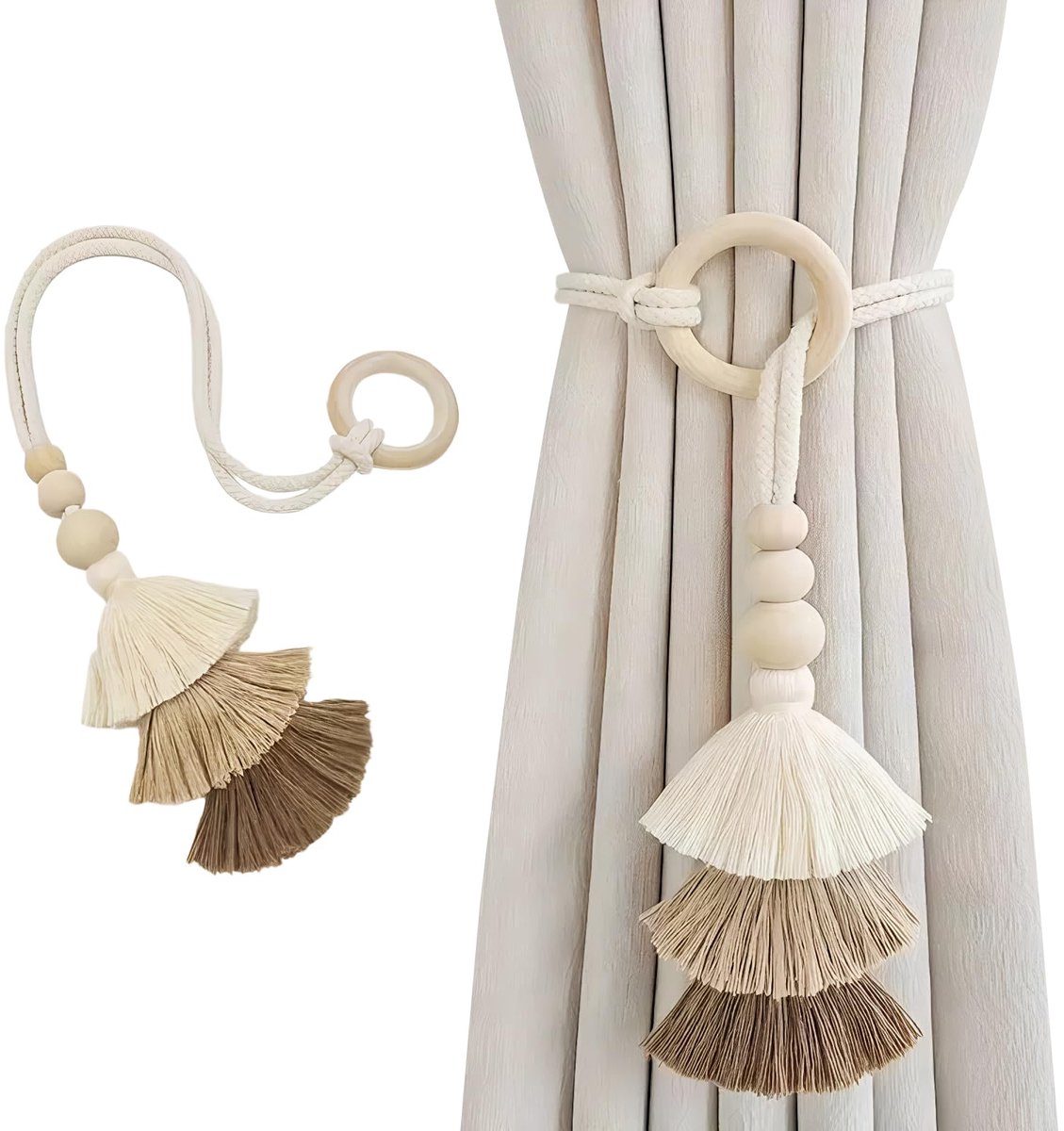 Gordijnhouders voor gordijnen met houten ring, boho-design, handgeweven katoenen koord met hangende kwasten, rustieke stijl, accessoires voor de decoratie van woonkamer, slaapkamer en