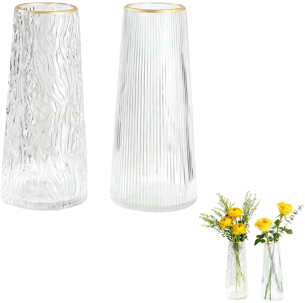 vazen voor bloemen, bloemenvazen voor de woonkamer - 2-delige set, goudkleurige verticale gestreepte vaas en goudomrande watergolfvaas, decoratief voor thuis, woonkamer