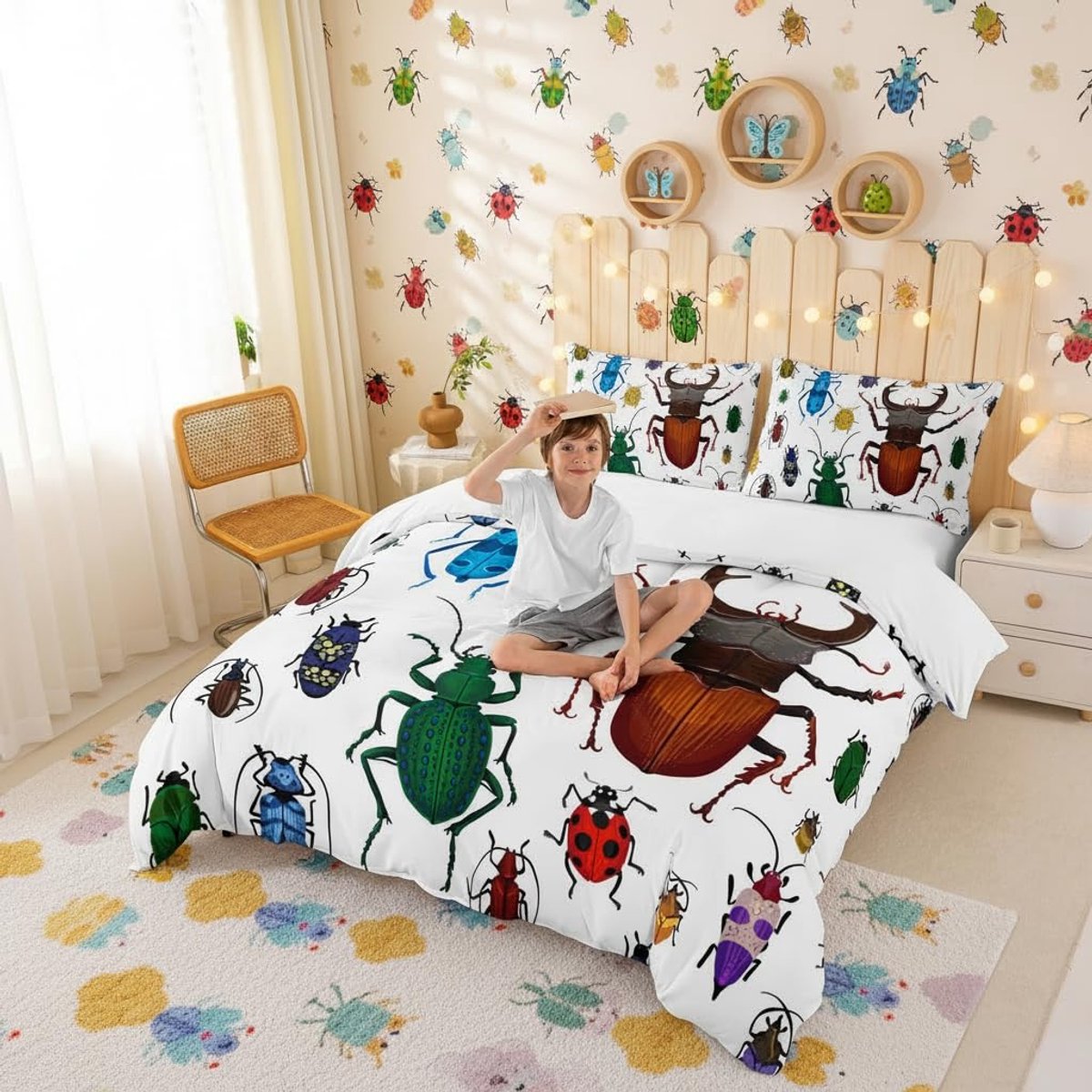 Beddengoedset, kleuren, insecten, beddengoedset, 200 x 200 cm, rood lieveheersbeestje, bedset voor kinderen, jongens, meisjes, tieners, 3 stuks, ritssluiting, microvezel