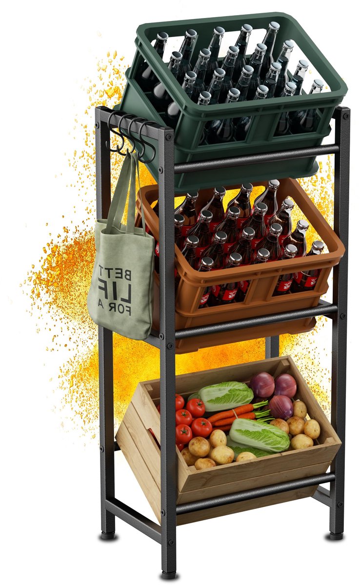 Drinkrek voor 3 kratten, metalen krattenrek met 4 haken voor keuken kelder garage, stabiel krattenrek voor bier, fruit, groenten, water, draagvermogen 150 kg/laag