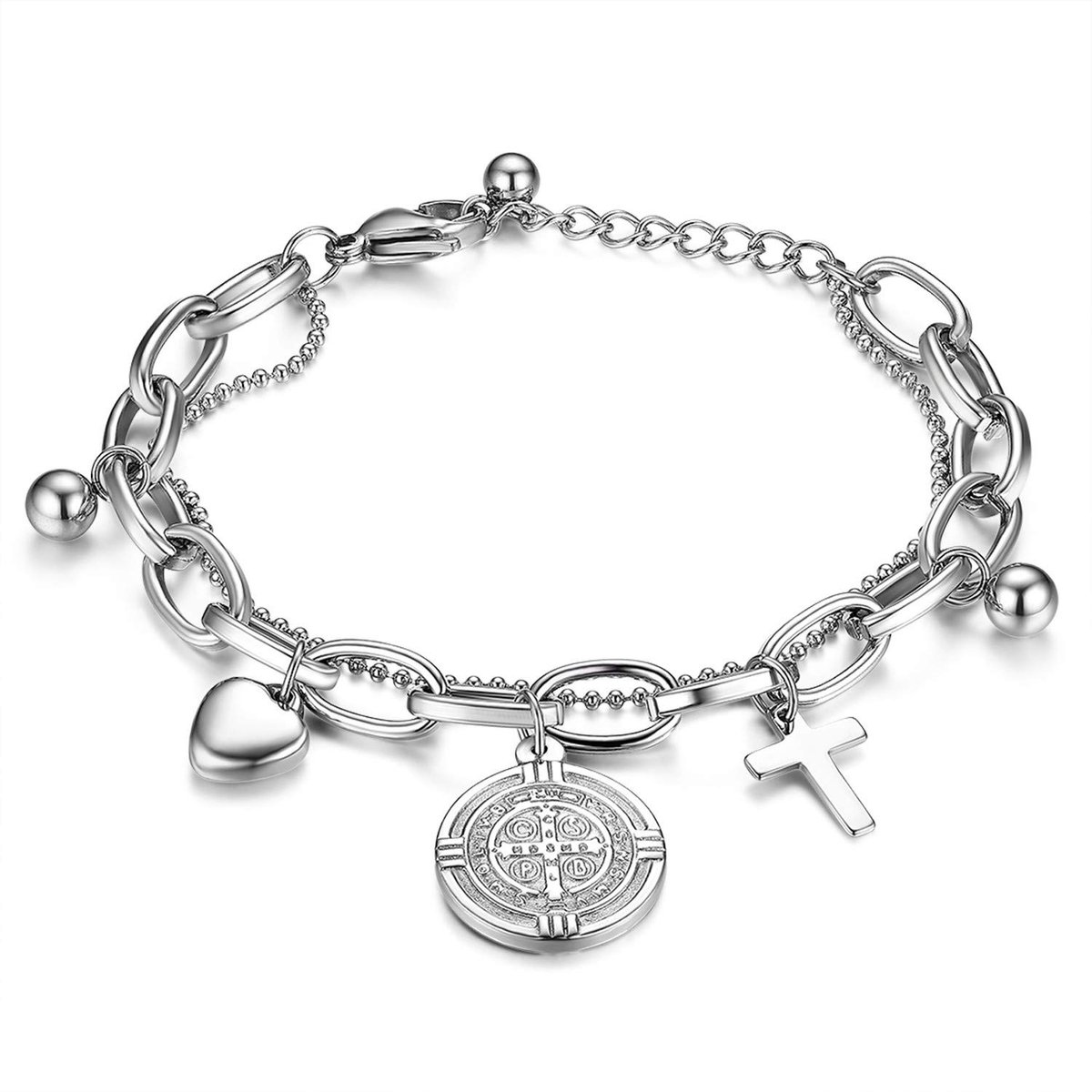 JewelryWe Sieradenarmband voor dames, met hartje, kruis, gelaagde armband, zilver, goud, cadeau voor vrouwen en meisjes, 17 centimeters, Roestvrij staal