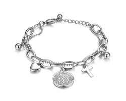 JewelryWe Sieradenarmband voor dames, met hartje, kruis, gelaagde armband, zilver, goud, cadeau voor vrouwen en meisjes, 17 centimeters, Roestvrij staal