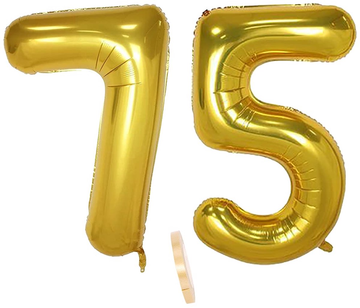 Folieballon, cijfer, decoratie, goud 75, voor vrouwen en mannen, XXL, 100 cm, reusachtig nummer, opblaasbaar, helium ballon, figuren, cijfers ballonnen voor 75, man, vrouw, verjaardag, bruiloft,