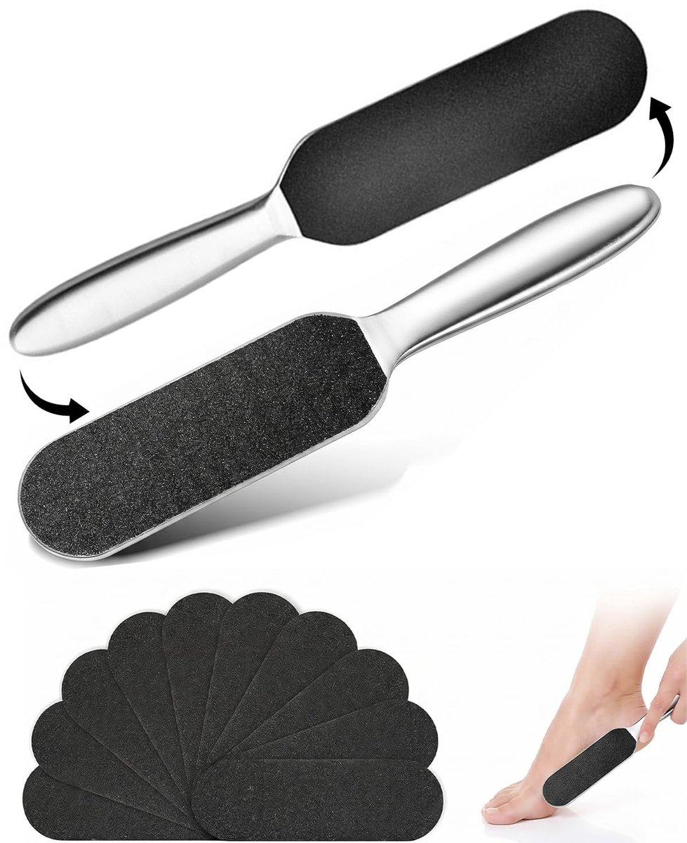 1 dubbelzijdige voetrasp met 10 slijpschijven, voetvijl en hielen, verwijdert veilig eelt met antislip handgreep, complete en hygiënische pedicureset voor thuis