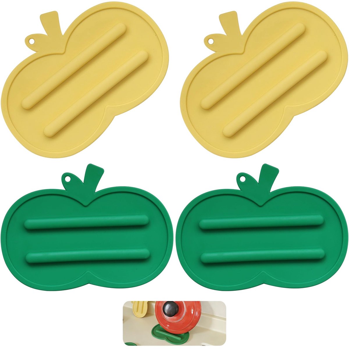 Set van 4 smalle siliconen droogmatten in appelvorm, 15x11 cm, dekselhouder voor pannen & hittebestendige mat, afdruiprek voor snijplank, ophangbaar, crèmekleurig geel & crèmekleurig groen, handige ke