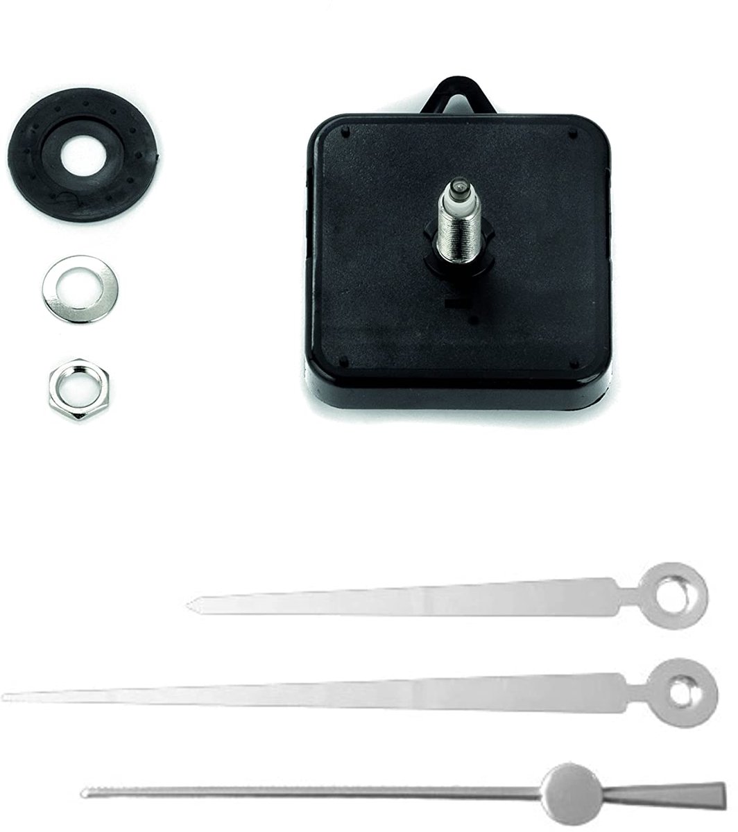 Hoogwaardig uurwerk, geluidsarm met kunststof haken, gepolijste lineaire wijzers in chroom. DIY horlogeset.